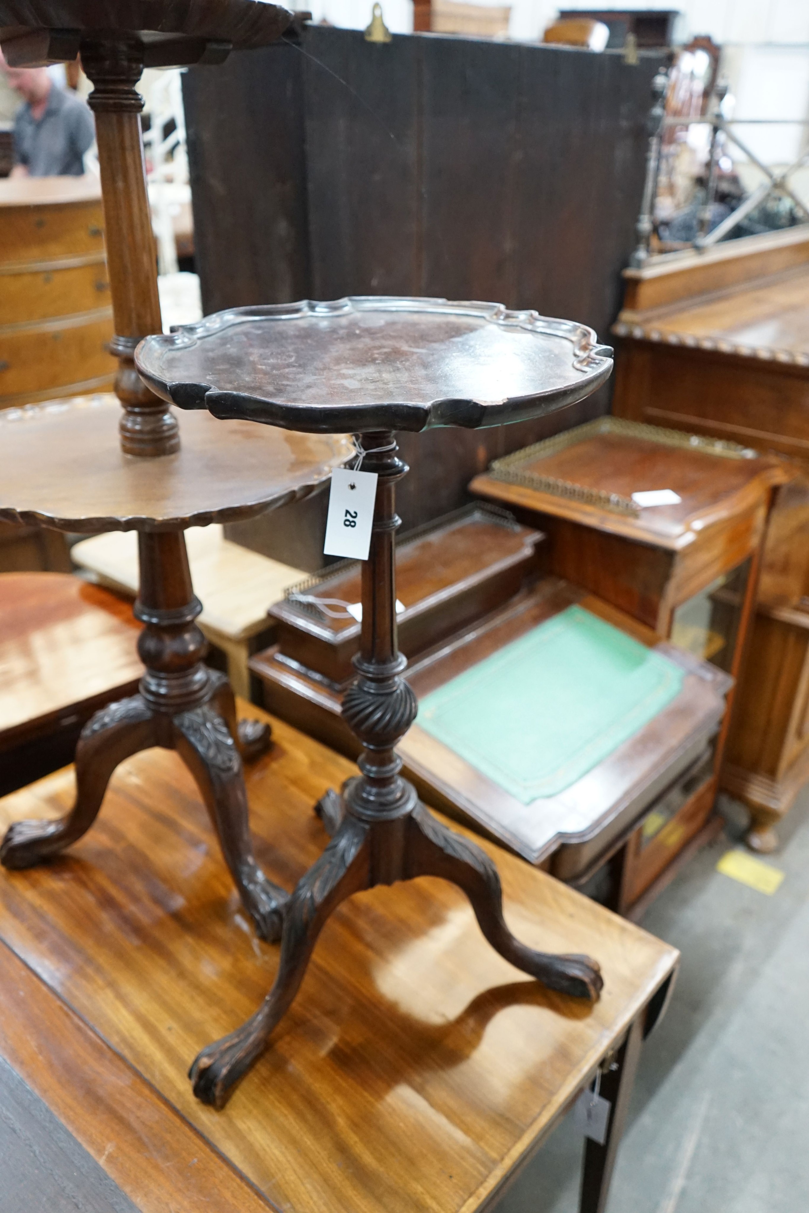 A reproduction George III style mahogany three tier dumb waiter together with a tripod wine table, larger height 120cm